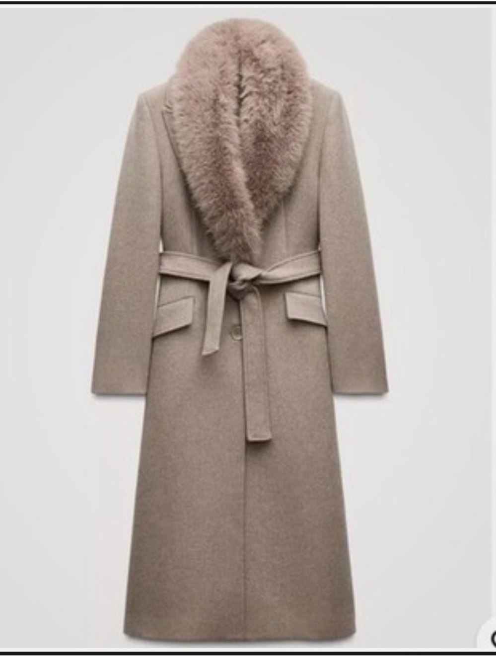 Zara Taupe Long Belted Coat with Plush Faux Fur Collar